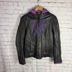 Milwaukee Leather Women's 3/4 Length Black and Purple Leather Hoodie Jacket Size